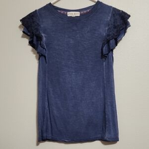 Women's Knox Rose Indigo Blue Lace Ruffle Short Sleeve Top Size S